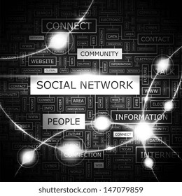 SOCIAL NETWORK. Word cloud illustration. Graphic tag collection. Vector concept collage. 
