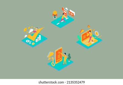 Social network worker vector concept is an isometric image.