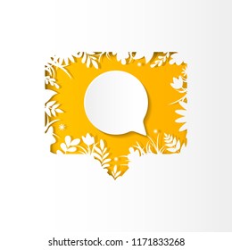 Social network yellow icon new comment with white plants, grass, leaves and flowers, paper cut style