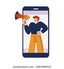 Social Network with Young Man Holding Megaphone Vector Illustration