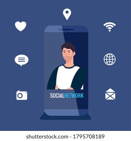 social network, young man in smartphone with social media icons vector illustration design