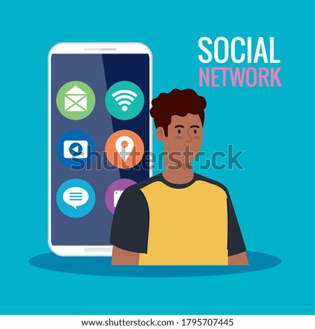 social network, young man in smartphone with social media icons vector illustration design