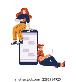 Social Network with Young Woman Chatting and Meeting Friend Via Smartphone Vector Illustration