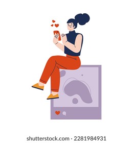 Social Network with Young Woman with Smartphone Liking and Share Post Vector Illustration