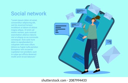 Social network.A woman uses applications on a smartphone.Modern messengers and e-mail.Poster in business style.Flat vector illustration.