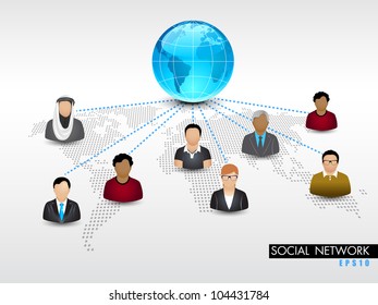 Social Networking 3D Background With Globe And Peoples Connect With Network On World Map Background. EPS 10. Social Networking And Social Media Concept.