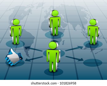 Social networking 3D background with peoples standing on world map networking and connected with thumb up or like button. EPS 10.