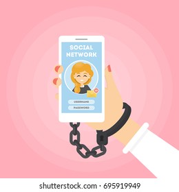 Social networking addiction. Hand bounded to smartphone.