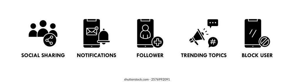 Social Networking banner web icon vector illustration concept with icons of social sharing, notifications, follower, trending topics, and block user