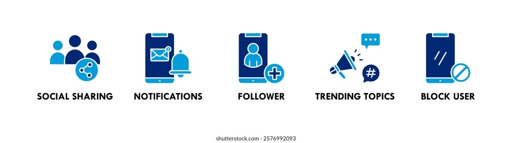 Social Networking banner web icon vector illustration concept with icons of social sharing, notifications, follower, trending topics, and block user