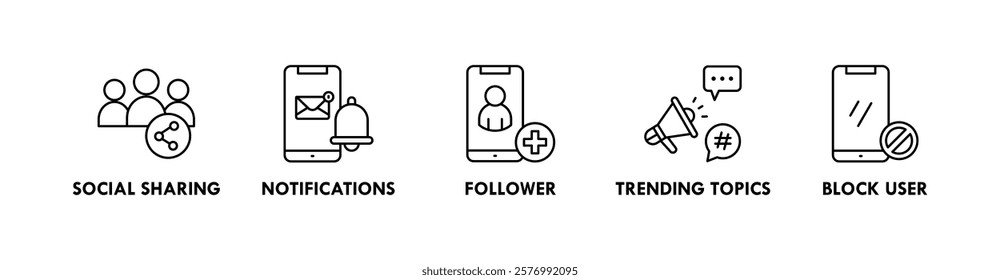 Social Networking banner web icon vector illustration concept with icons of social sharing, notifications, follower, trending topics, and block user