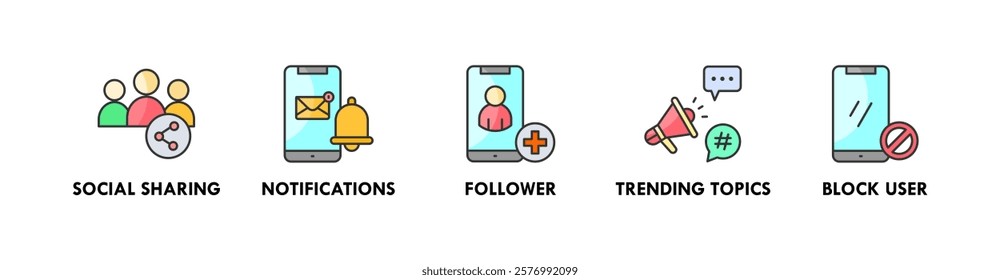 Social Networking banner web icon vector illustration concept with icons of social sharing, notifications, follower, trending topics, and block user