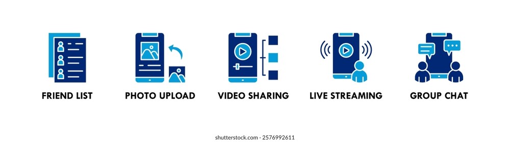 Social Networking banner web icon vector illustration concept with icons of friend list, photo upload, video sharing, live streaming, and group chat