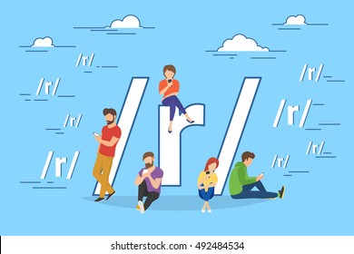 Social networking and blogging concep illustration of young people using mobile gadgets such as tablet pc and smartphone for sharing news via internet. Flat design of guys and women near big symbol