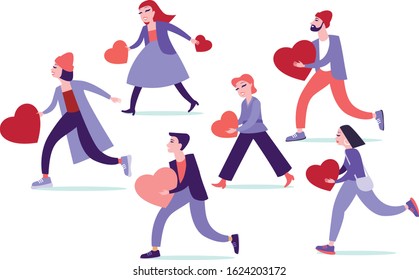 social networking and blogging concept illustration of young people  bringing theirs hearts as likes