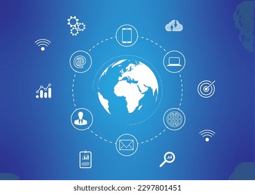 Social networking business internet of things concept with icons on gradient blue background. illustrations featuring modern technology.