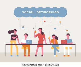 social networking and characters and web icons flat design style vector graphic illustration set