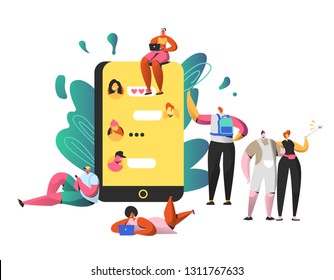 Social Networking Chat on Big Smartphone. Man and Woman Take Selfie Together. People Write Comment and Like Post. Happy Girl Character Community with Laptop Flat Cartoon Vector Illustration