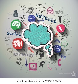 Social networking collage with icons background. Vector illustration