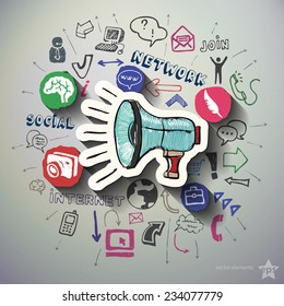 Social networking collage with icons background. Vector illustration