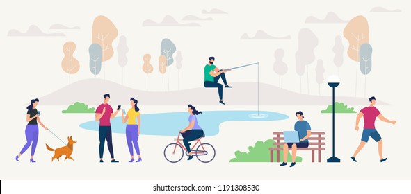 Social Networking and Communication Concept. People using Gadgets walking Outdoors in Park. Networking People set. Digital Technologies and Messaging. Flat style Vector Illustration.