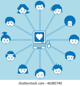 social networking with computer and kids faces