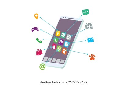 Social networking concept. app icons on the isometric Smartphone. graphic picture. high quality. illustration graphic vector design