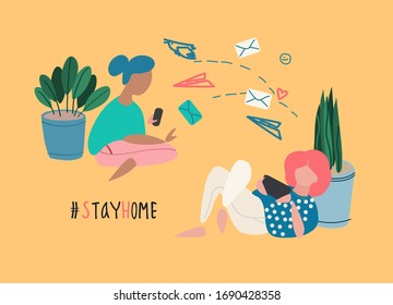 Social networking concept. Covid-19 quarantine concept. Stay Home motivational. Women chatting, messaging from homes during self-isolation. Vector illustration in flat style