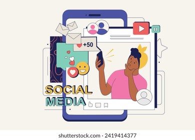 Social networking concept in flat neo brutalism design for web. Woman browsing and chatting in app, reacting with emoji on new posts. Vector illustration for social media banner, marketing material.