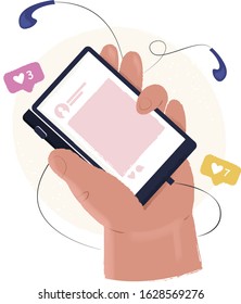 Social networking concept. Hand holding smartphone and making post, chatting in messenger. Virtual relationships, information exchange. Vector illustration