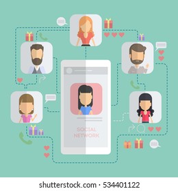 Social networking concept and scheme. Smartphone with connections to icons.