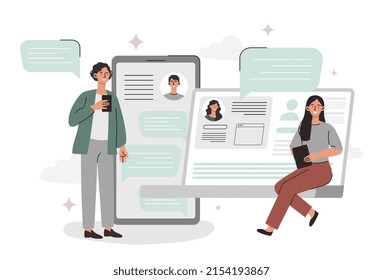 Social networking concept. Young man and woman with smartphone and laptop communicate online, send messages to friends or chat. Search for friends on Internet. Cartoon flat vector illustration