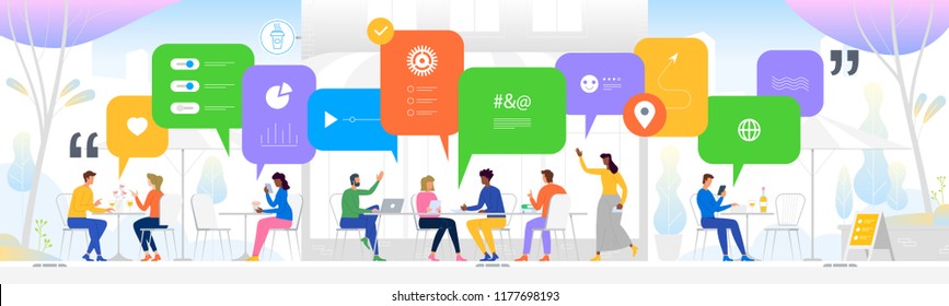Social networking concept. Young people in cafe with big speech bubbles. News, social networks, chat, dialogue speech bubbles. Vector illustration