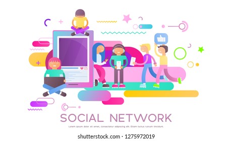 Social Networking Concept - Young People Using Cellphone and Mobile Gadgets for Sending Posts in Social Media near Big Smartphone. Vector Illustration. Trendy Colors.