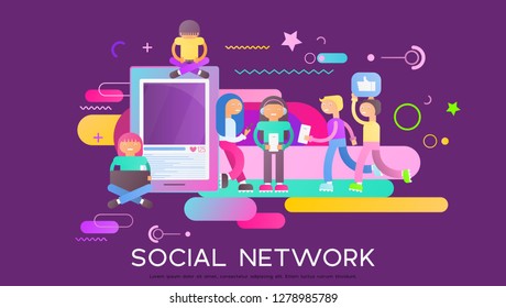 Social Networking Concept - Young People Using Laptop and Cellphone for Making Selfie, Sending Posts in Social Media near Big Smartphone on Violet Background. Trendy Colors. Vector Illustration.