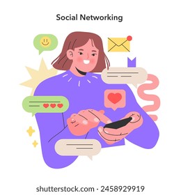 Social Networking concept. Young woman engages with online community, showcasing the impact of digital communication. The blend of emotions and technology in the social media era. Vector illustration.