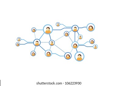 Social networking diagram with interconnected circles containg colourful little icons of human heads isolated on white