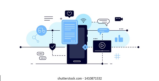 Social networking, digital media. Data and content. Feedback, online activity. Modern flat illustration, banner. Vector file.