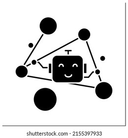 Social networking glyph icon. Friendly robot in linked data graph. Social media platform ai contact tracking and friend suggestion technology.Filled flat sign. Isolated silhouette vector illustration