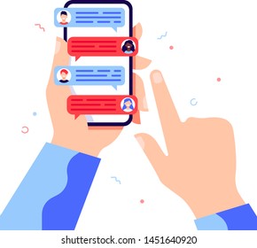 Social networking. Hand holding phone with messages and group chat concept. Communication concept on white background. Vector flat cartoon illustration for web sites and banners design.