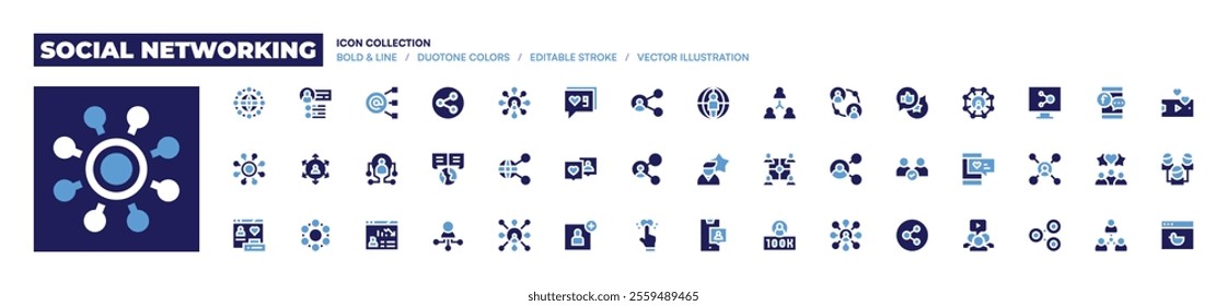 Social networking icon collection. Bold style. Duotone colors. user, network, networking, accountactivity, worldwide, global, organization, share.