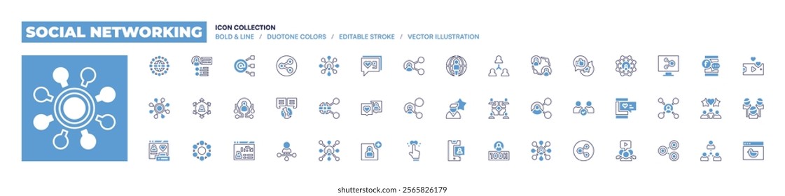 Social networking icon collection. Bold line style. Duotone colors. Editable stroke. socialnetwork, share, likes, love, customerreview, signup, worldwide.
