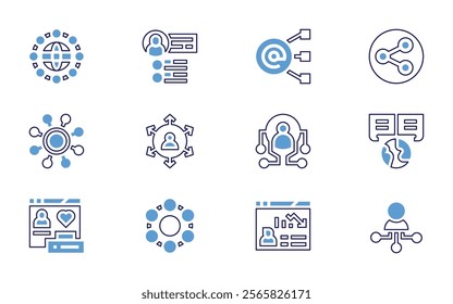 Social networking icon set. Bold line style. Duotone colors. Editable stroke. socialnetwork, networking, likes, worldwide, share, organization, link.