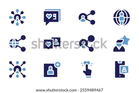 Social networking icon set. Bold style. Duotone colors. networking, socialnetwork, share, likes, love, customerreview, link, signup, worldwide.