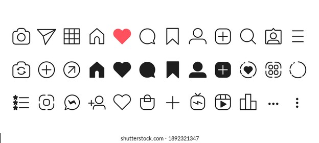 Social networking icon set. Like, comment, send, saved, statistics and other icon. Outline and black vector illustration