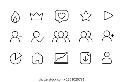 Social networking icon set. Like, comment, followers, user story, saved, statistics and other icon. Outline vector illustration