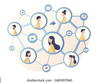 Social Networking. Social media. Share concept. Tiny people communicate sharing data, photos, links, posts and news in social networks. Modern flat cartoon style. Vector illustration