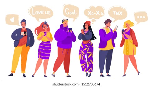 Social networking, media, virtual relationships concept. Flat cartoon characters chatting via internet using smartphone. Group of modern young people, students, pupils or millennials chatting.