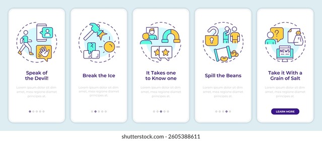 Social networking onboarding mobile app screen. Relationships, friendship. Walkthrough 5 steps editable graphic instructions with linear concepts. UI, UX, GUI