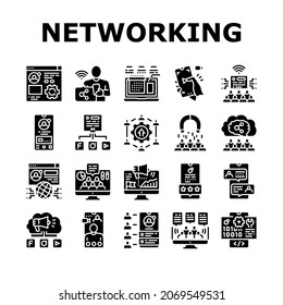 Social Networking Online App Icons Set Vector. Content Schedule And Video Calling, Social Debate And Campaign, Global Chatting Communication And Media Marketing Glyph Pictograms Black Illustrations